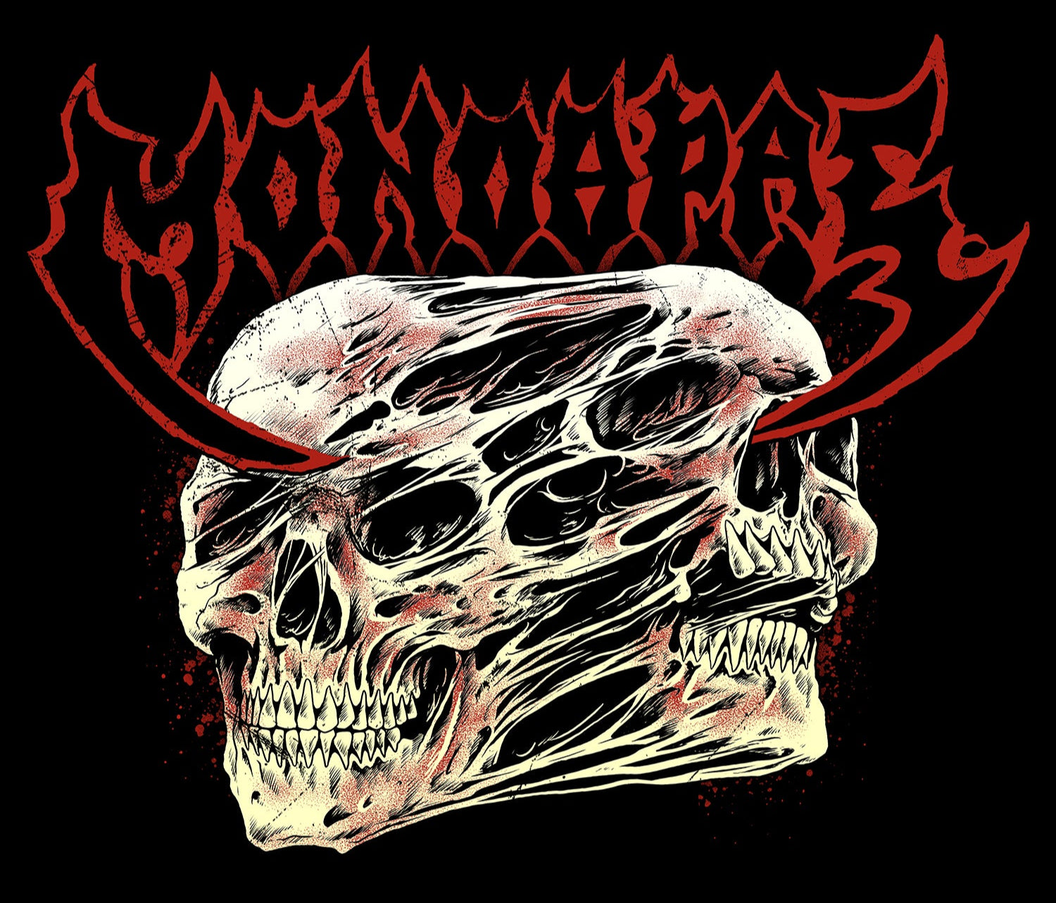 Skull design with red text on a black background